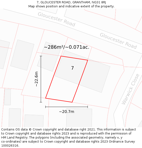 7, GLOUCESTER ROAD, GRANTHAM, NG31 8RJ: Plot and title map
