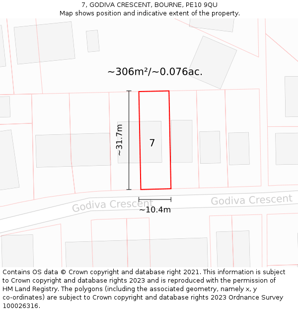 7, GODIVA CRESCENT, BOURNE, PE10 9QU: Plot and title map