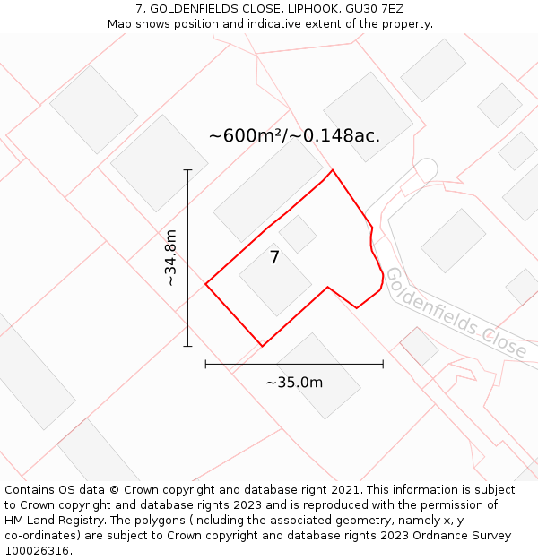 7, GOLDENFIELDS CLOSE, LIPHOOK, GU30 7EZ: Plot and title map