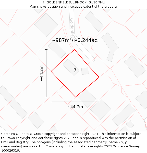 7, GOLDENFIELDS, LIPHOOK, GU30 7HU: Plot and title map