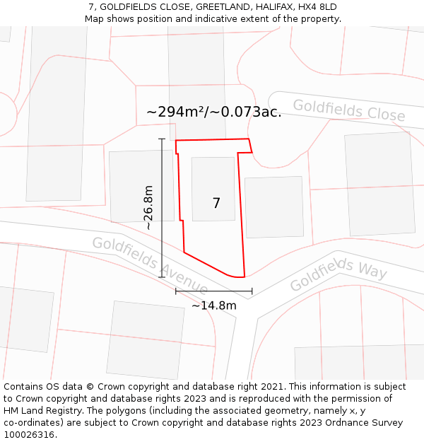7, GOLDFIELDS CLOSE, GREETLAND, HALIFAX, HX4 8LD: Plot and title map