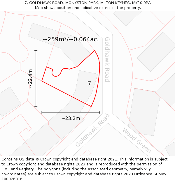 7, GOLDHAWK ROAD, MONKSTON PARK, MILTON KEYNES, MK10 9PA: Plot and title map