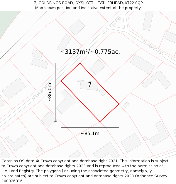 7, GOLDRINGS ROAD, OXSHOTT, LEATHERHEAD, KT22 0QP: Plot and title map