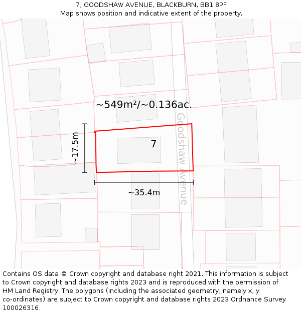 7, GOODSHAW AVENUE, BLACKBURN, BB1 8PF: Plot and title map