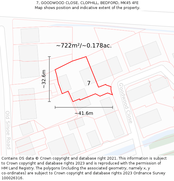 7, GOODWOOD CLOSE, CLOPHILL, BEDFORD, MK45 4FE: Plot and title map