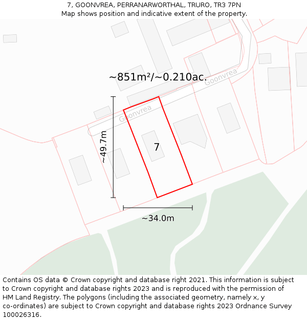 7, GOONVREA, PERRANARWORTHAL, TRURO, TR3 7PN: Plot and title map