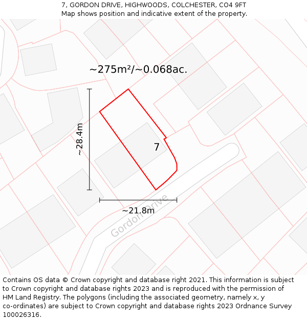 7, GORDON DRIVE, HIGHWOODS, COLCHESTER, CO4 9FT: Plot and title map