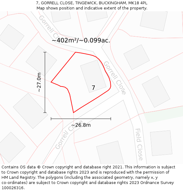 7, GORRELL CLOSE, TINGEWICK, BUCKINGHAM, MK18 4PL: Plot and title map