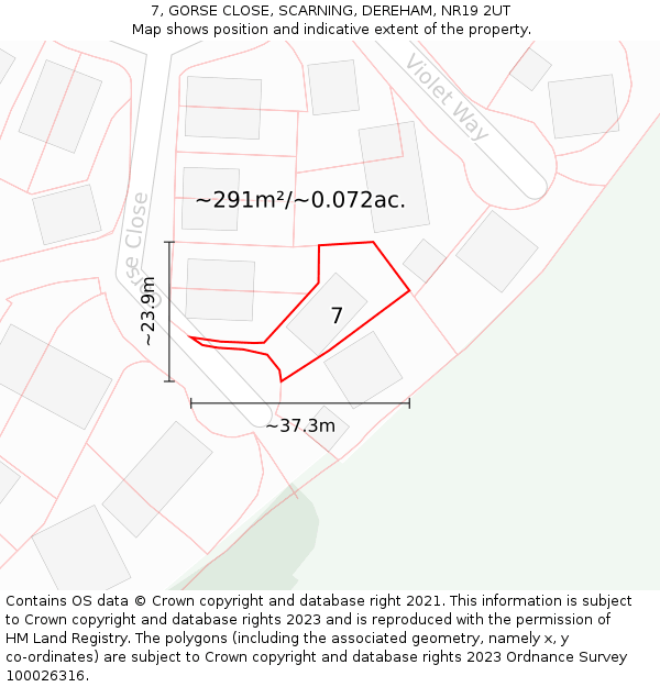 7, GORSE CLOSE, SCARNING, DEREHAM, NR19 2UT: Plot and title map
