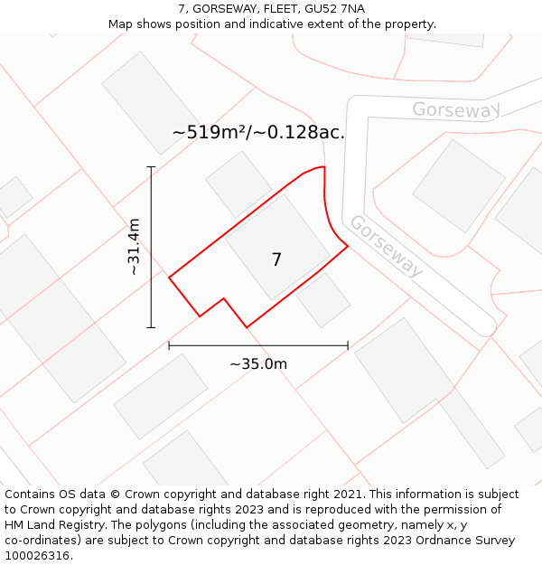 7, GORSEWAY, FLEET, GU52 7NA: Plot and title map
