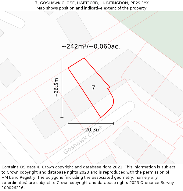 7, GOSHAWK CLOSE, HARTFORD, HUNTINGDON, PE29 1YX: Plot and title map