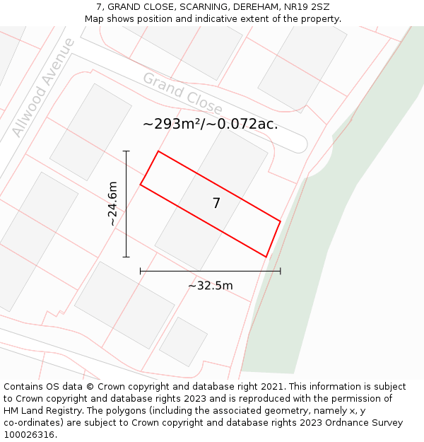 7, GRAND CLOSE, SCARNING, DEREHAM, NR19 2SZ: Plot and title map