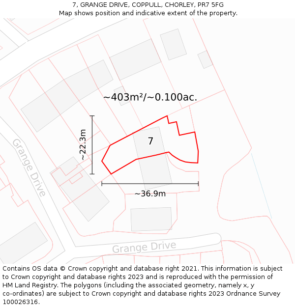 7, GRANGE DRIVE, COPPULL, CHORLEY, PR7 5FG: Plot and title map
