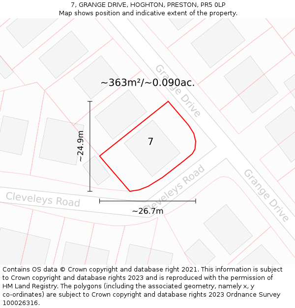 7, GRANGE DRIVE, HOGHTON, PRESTON, PR5 0LP: Plot and title map
