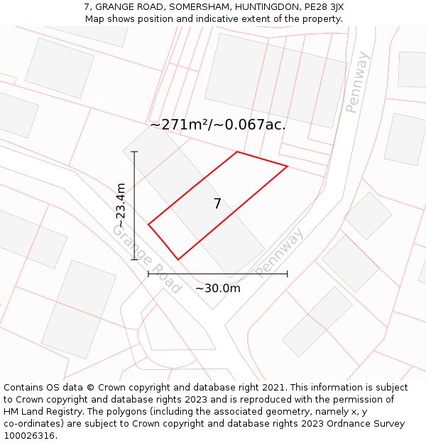 7, GRANGE ROAD, SOMERSHAM, HUNTINGDON, PE28 3JX: Plot and title map
