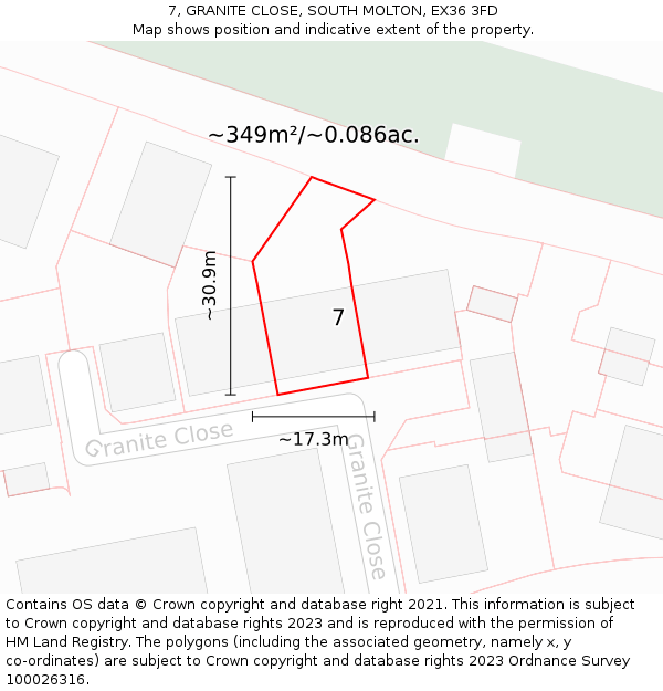 7, GRANITE CLOSE, SOUTH MOLTON, EX36 3FD: Plot and title map