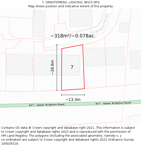 7, GRANTSMEAD, LANCING, BN15 0PG: Plot and title map