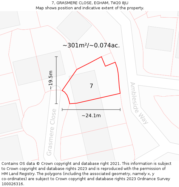 7, GRASMERE CLOSE, EGHAM, TW20 8JU: Plot and title map