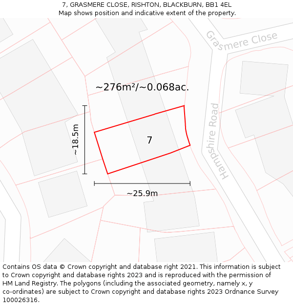 7, GRASMERE CLOSE, RISHTON, BLACKBURN, BB1 4EL: Plot and title map