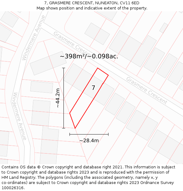 7, GRASMERE CRESCENT, NUNEATON, CV11 6ED: Plot and title map