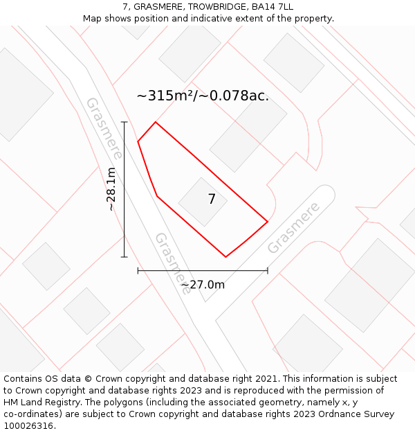 7, GRASMERE, TROWBRIDGE, BA14 7LL: Plot and title map