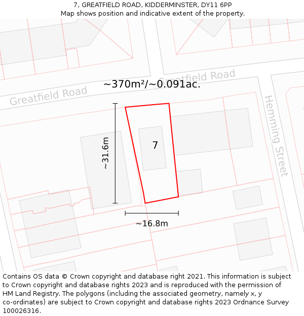 7, GREATFIELD ROAD, KIDDERMINSTER, DY11 6PP: Plot and title map