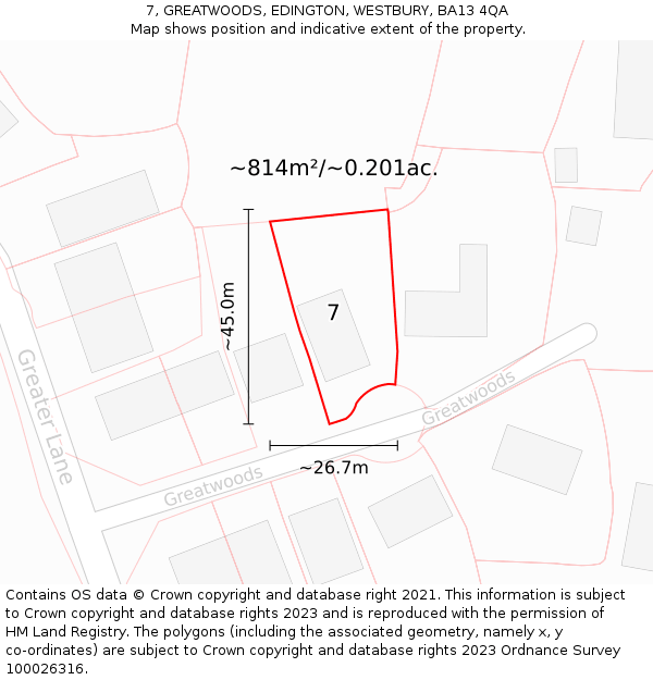 7, GREATWOODS, EDINGTON, WESTBURY, BA13 4QA: Plot and title map