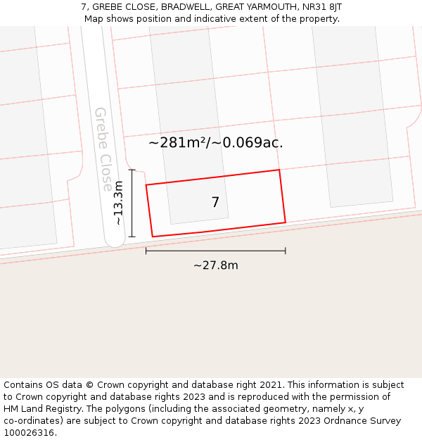 7, GREBE CLOSE, BRADWELL, GREAT YARMOUTH, NR31 8JT: Plot and title map