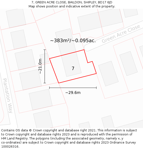 7, GREEN ACRE CLOSE, BAILDON, SHIPLEY, BD17 6JD: Plot and title map