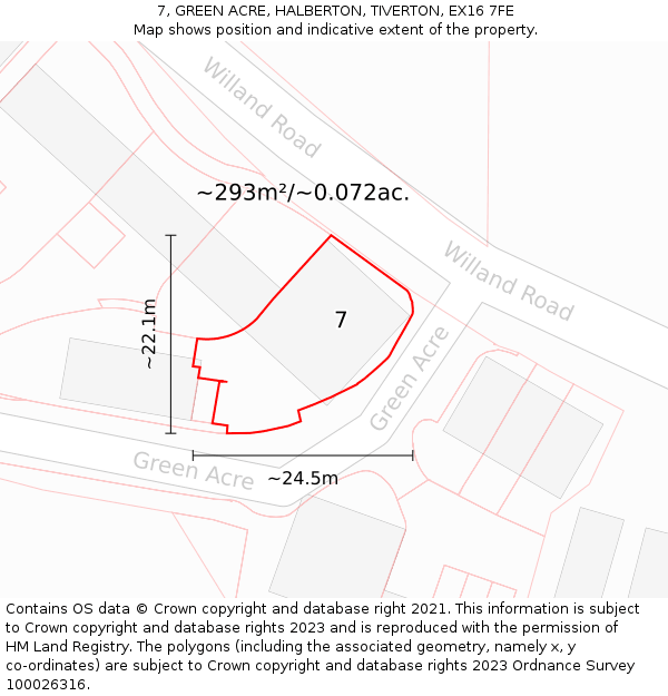 7, GREEN ACRE, HALBERTON, TIVERTON, EX16 7FE: Plot and title map