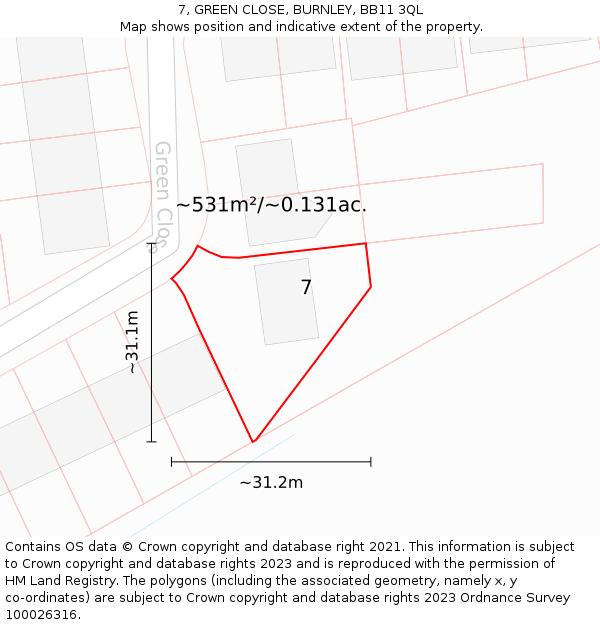 7, GREEN CLOSE, BURNLEY, BB11 3QL: Plot and title map