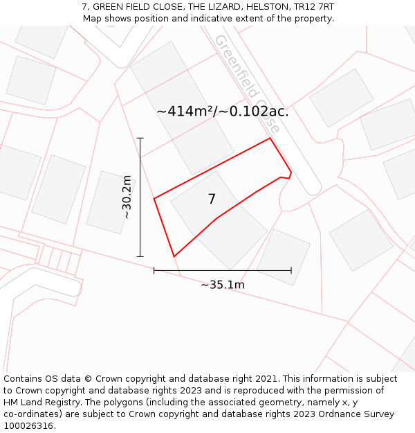 7, GREEN FIELD CLOSE, THE LIZARD, HELSTON, TR12 7RT: Plot and title map