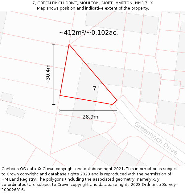 7, GREEN FINCH DRIVE, MOULTON, NORTHAMPTON, NN3 7HX: Plot and title map