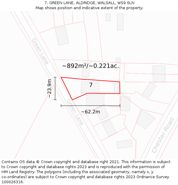 7, GREEN LANE, ALDRIDGE, WALSALL, WS9 0LN: Plot and title map