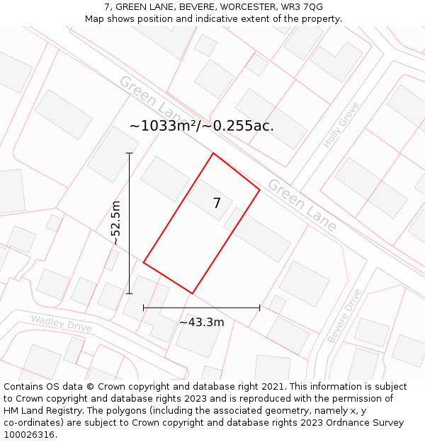 7, GREEN LANE, BEVERE, WORCESTER, WR3 7QG: Plot and title map