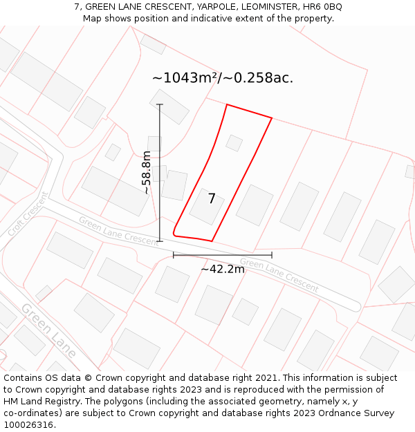 7, GREEN LANE CRESCENT, YARPOLE, LEOMINSTER, HR6 0BQ: Plot and title map