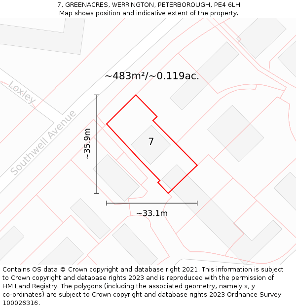 7, GREENACRES, WERRINGTON, PETERBOROUGH, PE4 6LH: Plot and title map