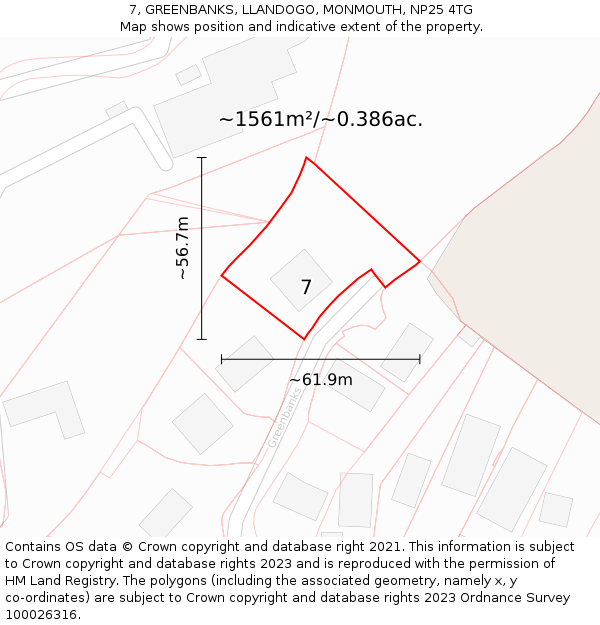 7, GREENBANKS, LLANDOGO, MONMOUTH, NP25 4TG: Plot and title map