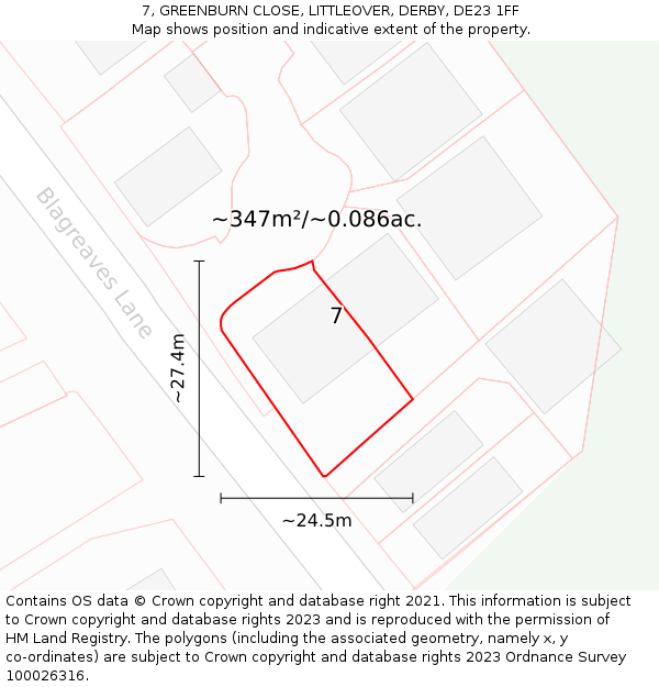 7, GREENBURN CLOSE, LITTLEOVER, DERBY, DE23 1FF: Plot and title map
