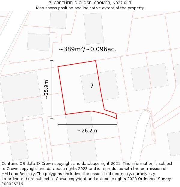 7, GREENFIELD CLOSE, CROMER, NR27 0HT: Plot and title map