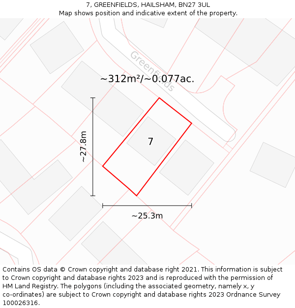 7, GREENFIELDS, HAILSHAM, BN27 3UL: Plot and title map