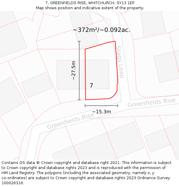 7, GREENFIELDS RISE, WHITCHURCH, SY13 1EP: Plot and title map
