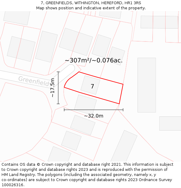 7, GREENFIELDS, WITHINGTON, HEREFORD, HR1 3RS: Plot and title map