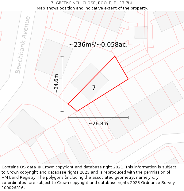 7, GREENFINCH CLOSE, POOLE, BH17 7UL: Plot and title map