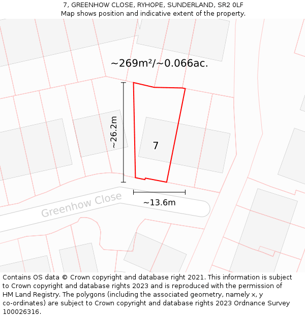 7, GREENHOW CLOSE, RYHOPE, SUNDERLAND, SR2 0LF: Plot and title map