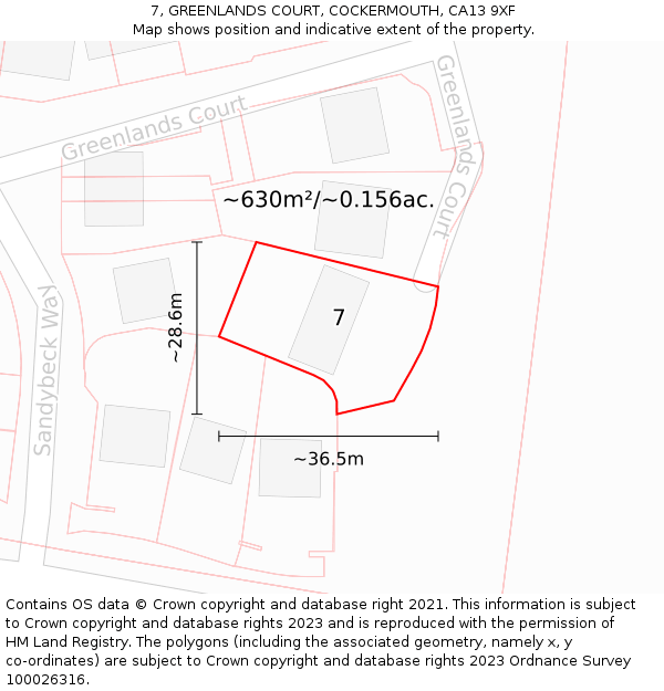7, GREENLANDS COURT, COCKERMOUTH, CA13 9XF: Plot and title map