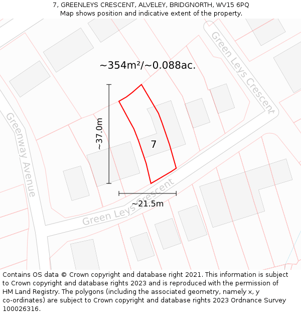 7, GREENLEYS CRESCENT, ALVELEY, BRIDGNORTH, WV15 6PQ: Plot and title map