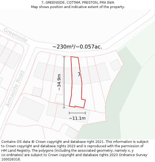 7, GREENSIDE, COTTAM, PRESTON, PR4 0WA: Plot and title map