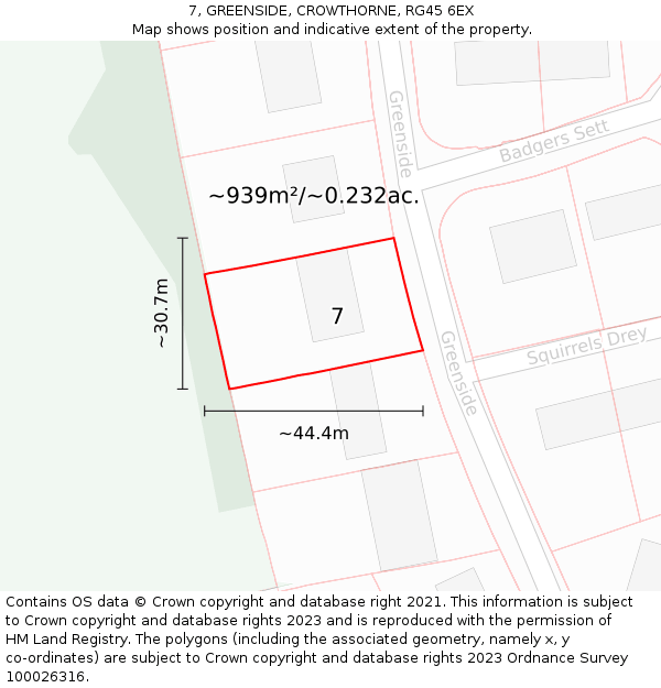 7, GREENSIDE, CROWTHORNE, RG45 6EX: Plot and title map