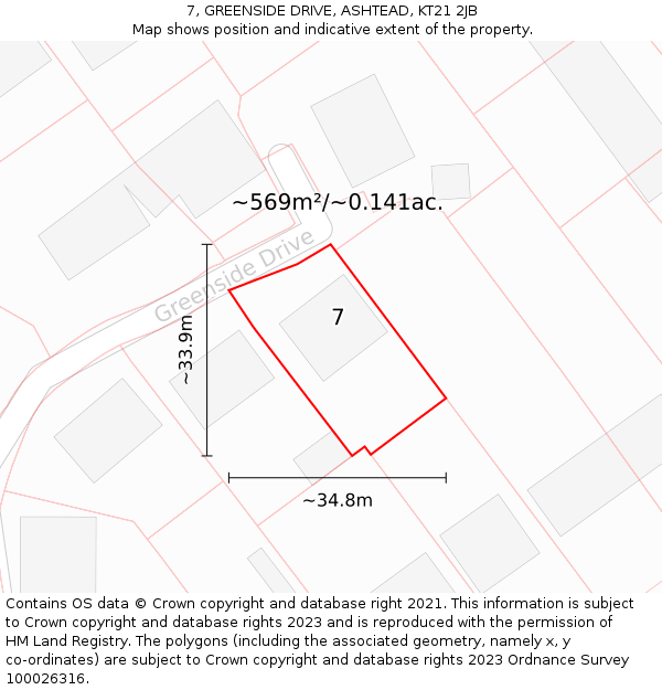 7, GREENSIDE DRIVE, ASHTEAD, KT21 2JB: Plot and title map